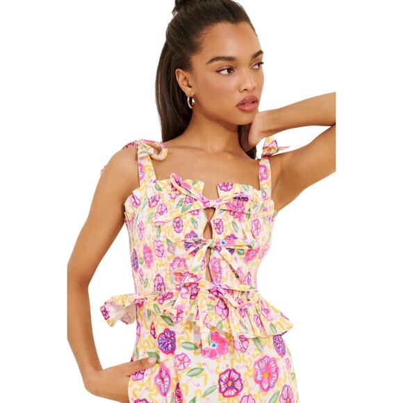 Celia B Turpan Pink Floral Smocked Tie Front Ruffle Midi Dress - Picture 7 of 7